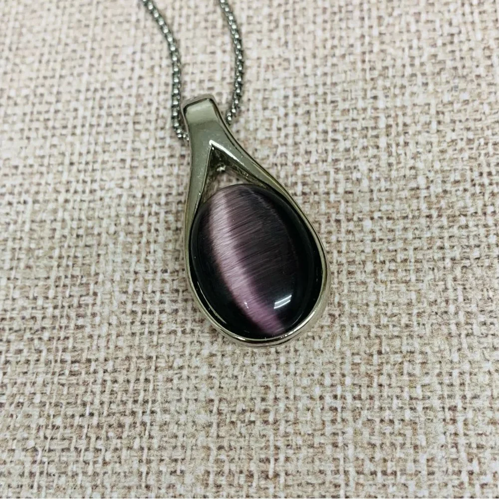Silver Gold‎ Purple Cat Eye Reversible Pendant Necklace